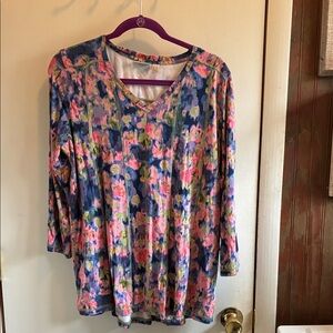 LOGO by Lori Goldstein Floral V-Neck Long Sleeve Top - Blue, Pink, Green